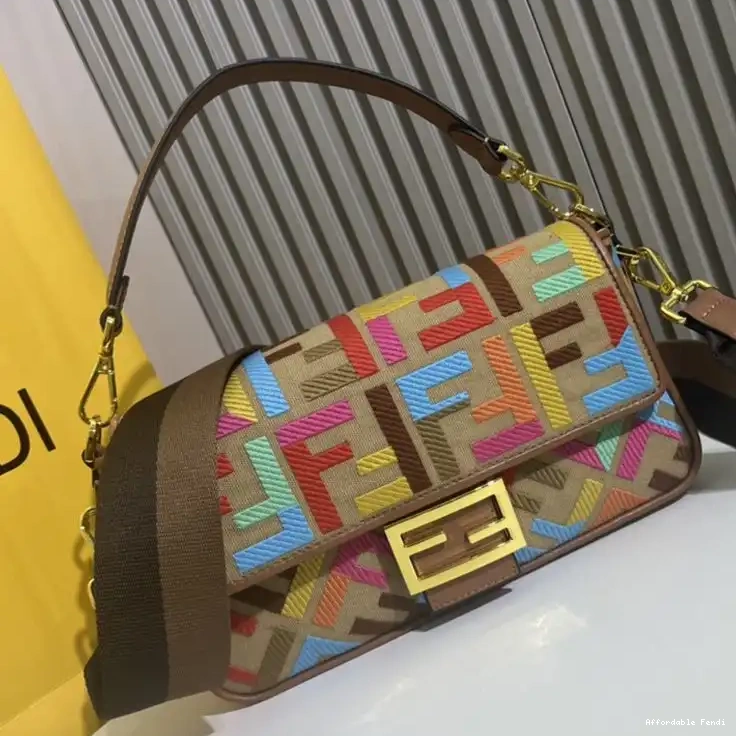 Affordable Fendi Motif Medium Canvas Bag Beige FF Baguette In Multi 0421